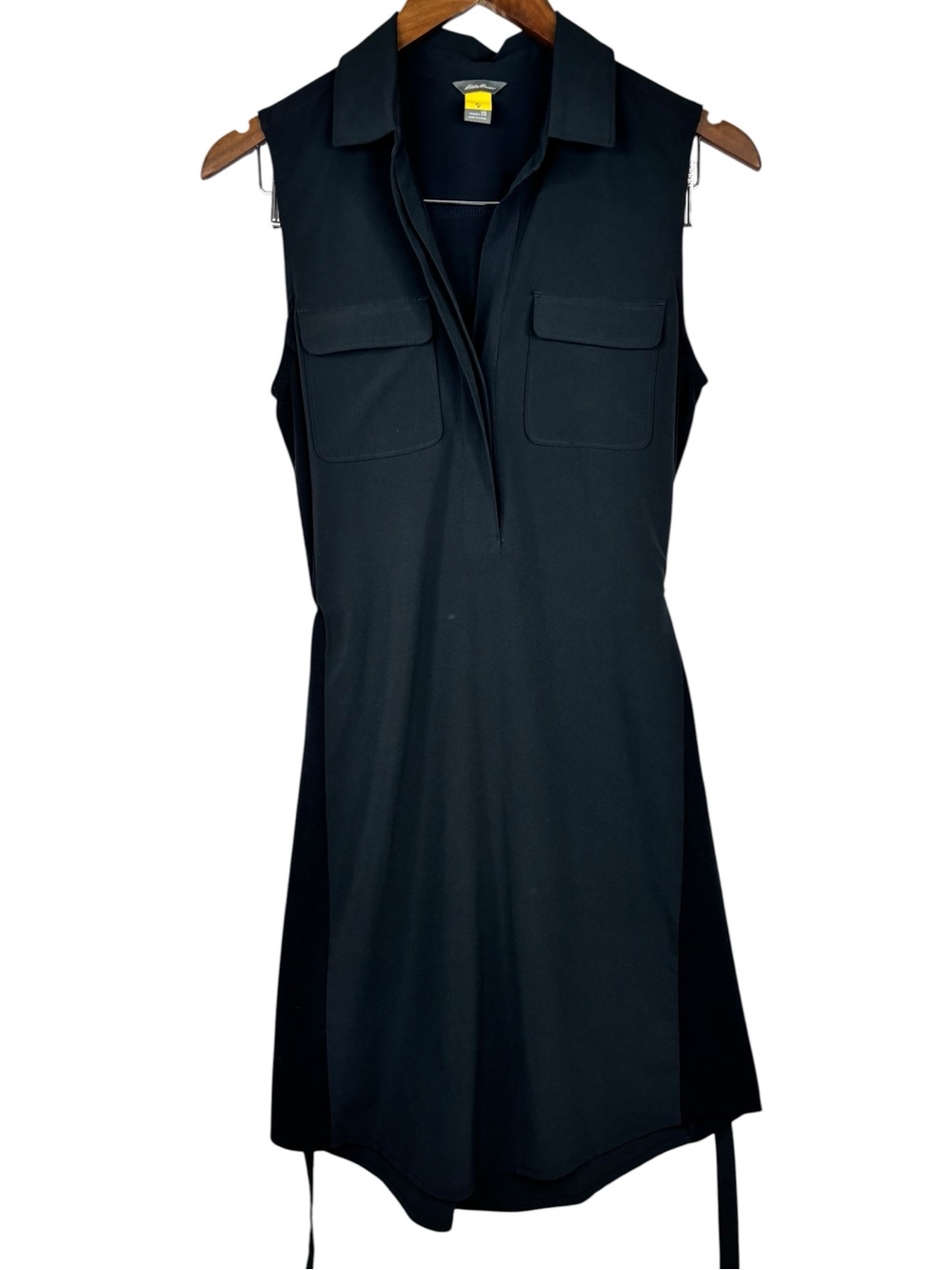 Eddie Bauer Black Sleeveless Collared 2 Chest Pocket Self Tie Travel Shirt Dress